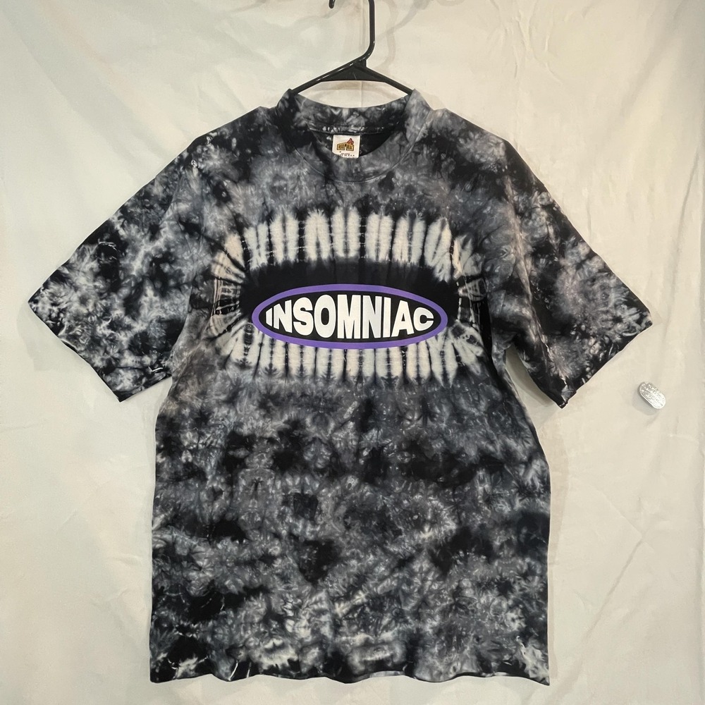 Insomniac Shirt Mens Medium Black Gray Tie Dye Made in USA Graphic Tee Rave